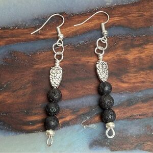 Black Lava Beads Owl Charm Silver Tone Hardware Dangle Earrings Hand Crafted New